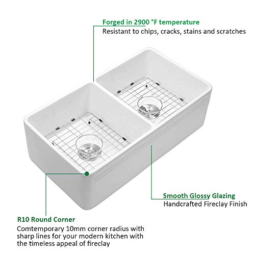 33 White Farmhouse Sink Double Bowl - Sarlai 33 Inch Kitchen Sink Reversible Apron Front Double Bowl 50/50 White Porcelain Ceramic Fireclay Kitchen Farm Sink #TOP5