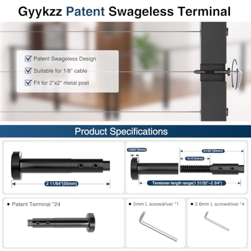 Image of [Patent] Gyykzz 24 Pack Black Swageless Invisible Cable Railing Kit | Reusable Fitting for 1 /8 inch Cable, T316 Stainless Steel, Screw-Locking Hardware, No Crimping Required, Fit for 2 inchx2 inch Metal Post