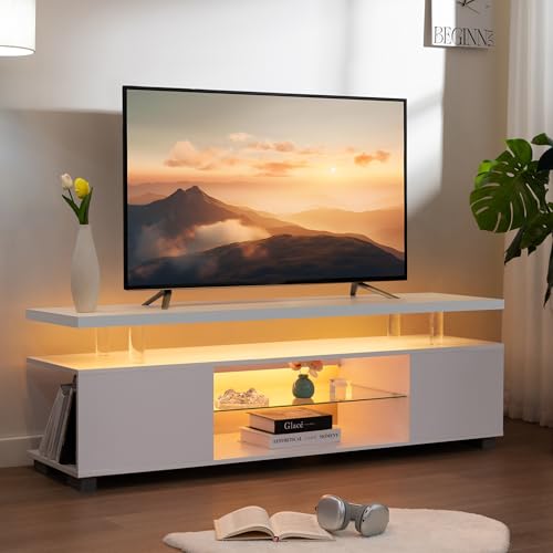 Image of Cubehom White TV Stand for 60 inch TV, LED Entertainment Center with Storage