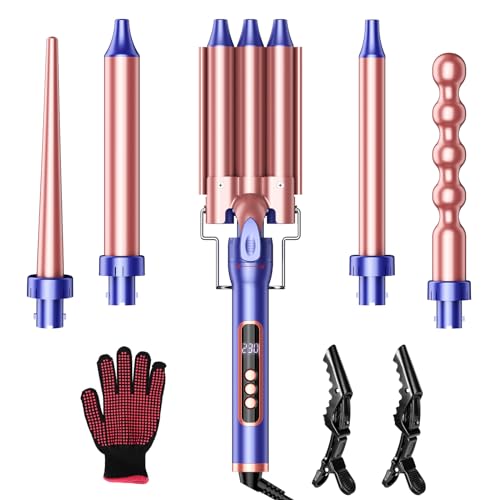 Hair Curler, 5 in 1 Curling Wand Set with 3 Barrel Hair Waver, Ceramic Curling Tongs with LCD 80-230°C Adjustable Temp, Hair Curling Iron with Heat Resistant Glove for Short/Long Hair Styling