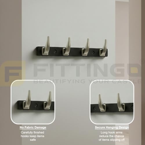 Image of 4 Hook Stylish Clothes Hanger for Wall /Clothes Hanging Hooks for Door /Wall Mounted Hanger for Clothes (Satin with Black) Pack of 4-| 3 Years Warranty |