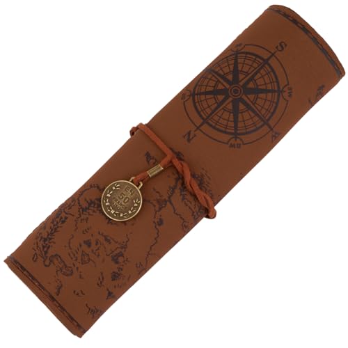 Image of GORGECRAFT PU Leather Pencil Bag Strap Vintage Treasure Map Compass Cover Rollup Storage Organizer Retro Pen Bag Wrap Roll Case Holder Portable Stationery Pouch for Artist Drawing Makeup Camel