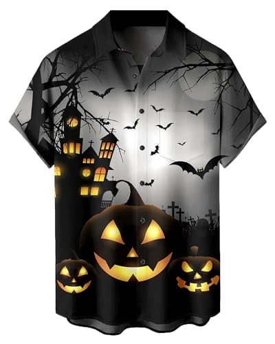 Mens Halloween Shirt Pumpkin Printed Hawaiian Bowling Short Sleeve Casual Button Down Holiday Shirts