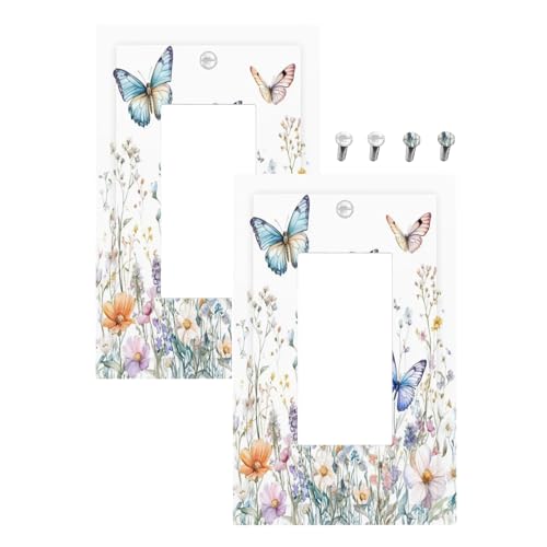 XFYGBY Decorative Outlet Covers Rustic Colorful Blossom Flowers Floral Butterfly 1 Gang Rocker Light Switch Covers Single Decora GFCI Device Wall Plate for Bathroom Home Decor (2 Pack)
