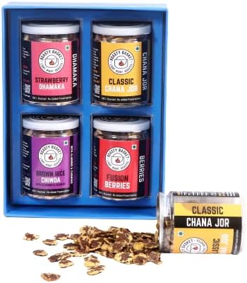 ROASTY BASKET Indulgence Treats Box Fusion Berries,Strawberry Dhamaka,Classic Channa Jor,Brown Poha Chiwda" (Box of 4)