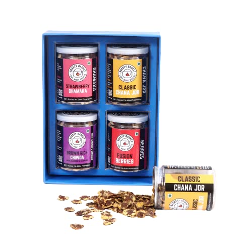 ROASTY BASKET Indulgence Treats Box Fusion Berries,Strawberry Dhamaka,Classic Channa Jor,Brown Poha Chiwda" (Box of 4)
