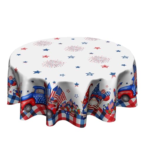 Granbey 4th of July Tablecloth Round - Patriotic Buffalo Plaid Table Cloth 60 Inch Watercolor Red Blue Floral Independence Day Memorial Day Table Cover Circular for Picnic Party Holiday Home