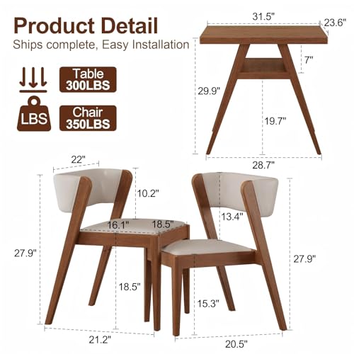 Image of soild wood 3-Piece Bistro dining table set,Bistro Stacking table and chairs set of 2 with Padded Seat, Dinette for Kitchen, Dining Room, Patio,Tavern, Balcony,Compact Space-Saving (Walnut)