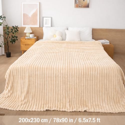 Image of WONJU Premium Ultra Soft Coral Fleece Blanket for Bed & Sofa | Warm Plush Ribbed Throw | Lightweight Cozy Winter Blanket | Machine Washable | Multiple Colors (Cream)