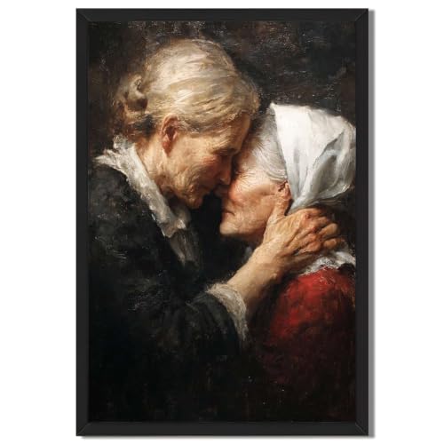 black Framed Two Elderly Women Embracing Canvas Print Art Vintage