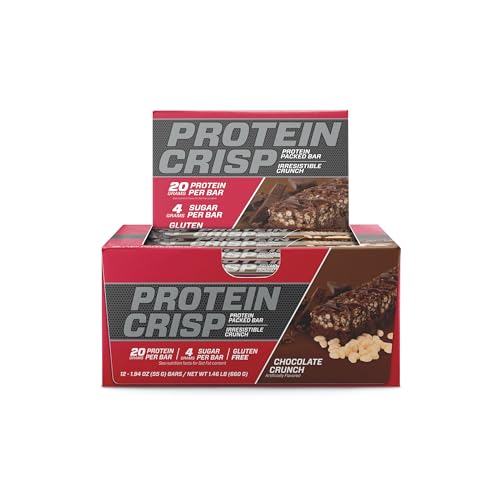 BSN Protein Bars - Protein Crisp Bar by Syntha-6, Whey Protein, 20g of Protein, Gluten Free, Low Sugar, Chocolate Crunch, 12 Count