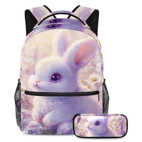 Sac à dos scolaire grande capacité lavande motif lapin pour étudiants et voyages