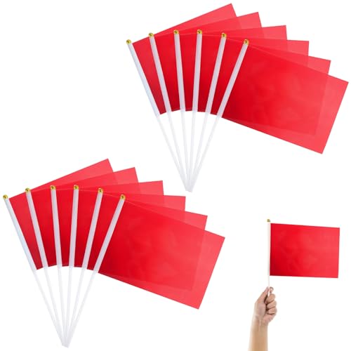 Mini Drapeaux à Manivelle avec Poteau - Couleur Unie pour Célébrer la Coupe du Monde, Fête, Festival, Décoration École et Jardin, 12pc (Rouge)