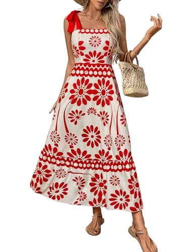 Image of Women's Floral Print Maxi Dress - Adjustable Tie-Shoulder, Lightweight Beach & Summer