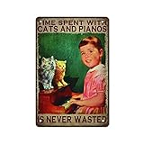 KILSPU Letrero de metal vintage para niña con gato gastado con gatos y pianos, regalo para amantes de los gatos y el piano, decoración de pared, regalo para madre, regalo para padre, 8 x 12 pulgadas