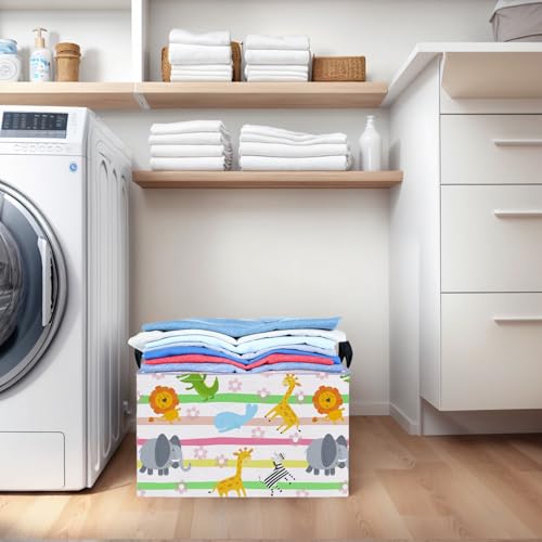 Image of Cute Rectangle Woodland Animal Baby Girl Basket Nursery Playroom Bedroom Decor Clothes Toy Storage Basket Linen Canvas Colorful Animals