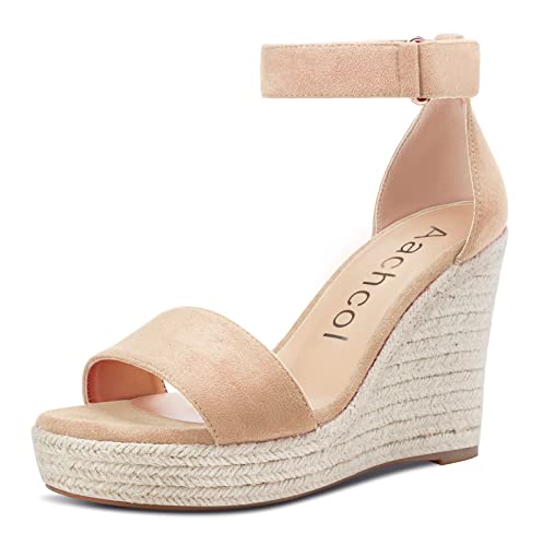 Aachcol Damen Keilabsatz Sandalen Knöchelriemen Open Zehenkappe Hoher High Absatz Heel Klassisch Cute Dress Schuhe 10 CM Beige Wildleder 39 EU