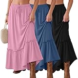 Ficerd Pack de 3 Faldas Maxi Boho para Mujer, Falda Larga de Capas con Volantes, Cintura Alta con Cordón, Vestido Casual con Bolsillos(Negro, Azul Vaquero, Rosa,XL)