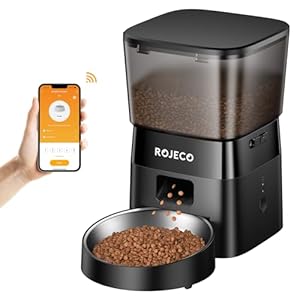 ROJECO Automatic Cat & Dog Feeder, APP Controlled Timed Pet Feeder Programmable, 2.4G WiFi Auto Cat Feeder with Stainless Steel Bowl, Black