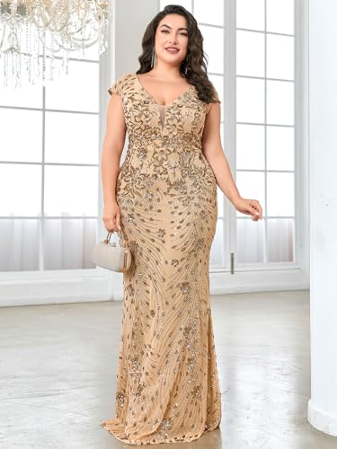 Image of Plus Size Womens Sequined Long Evening Gown Glamous Sleeveless V-Neck Mermaid Prom Dress for Wedding Party