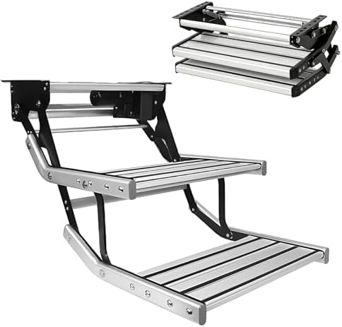 Power Folding RV Step - 12V Electric Motor (80W), 200KG Load Capacity, Waterproof, LED Light, Anti-Slip Aluminum Platform for Motorhomes & Campers, Easy Access