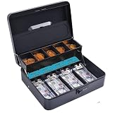 INFUN Large Cash Box with Coin Tray Cover, 11.8L Steel, Black, Combination Lock, Portable, Freestanding