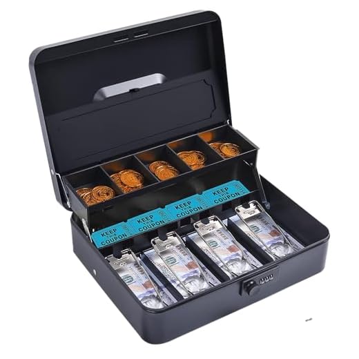 INFUN Large Cash Box with Coin Tray Cover,11.8"L x 9.5"W Steel Money Boxes with Money Tray and Combination Lock, Portable Money Box with Security Slot and Security Cable - Black
