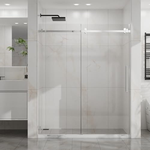 56-60\" W x 72\" H Frameless Sliding Shower Door, 1/4\" (6mm) Thick SGCC Tempered Clear Glass with Easy-Clean Coating - 304 Stainless Steel Parts, Silent Smooth Sliding, Waterproof, Chrome