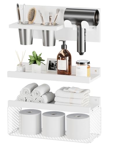 Puricon Duschablage mit Föhnhalter, 3-stufiges Set Duschregal zum hängen Badezimmer Organizer aus rustikalem Holz, platzsparende Badregal Duschkörbe über die Toilette Badezimmerablagen -Weiß