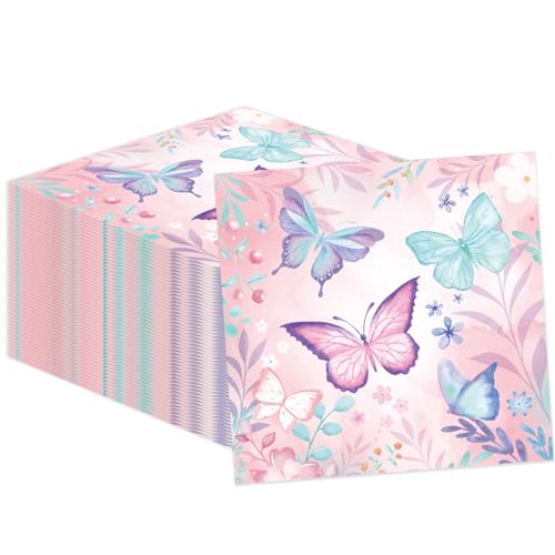 50 Pcs Butterfly Napkins 13 x 13 Inches, Butterfly Birthday Paper Napkins Butterfly Theme Supplies Disposable Cocktail Napkinsfor Kids Girl Birthday Party Decorations (Butterfly)