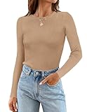ZESICA Women's Long Sleeve Crewneck Shirts 2026 Fall Ribbed Knit Sweater Slim Fitted Casual Basic Tee Tops,Toffee,Medium