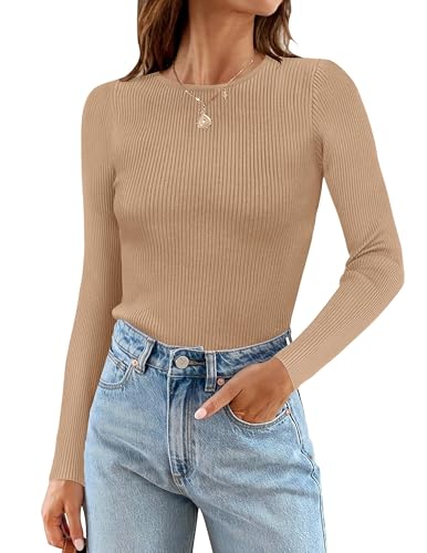ZESICA Women's Long Sleeve Crewneck Shirts 2026 Spring Ribbed Knit Sweater Slim Fitted Casual Basic...