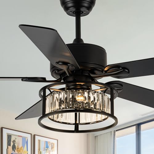 Image of 52'' Black Chandelier Fan Crystal Farmhouse Ceiling Fan with Light