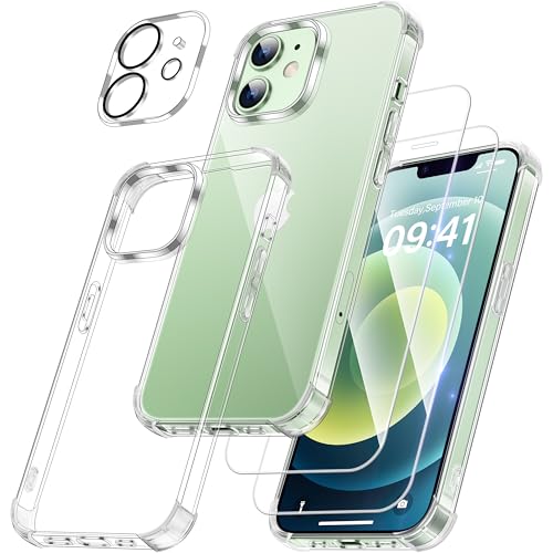 FLLAO 4 en 1 Coque pour iPhone 12 Mini avec 2 Verre Trempé et 1 Caméra Protecteur, [Coussin d'air Intégré] Antichoc Antirayures Bumper Protection Housse pour iPhone 12 Mini 5.4", Transparent