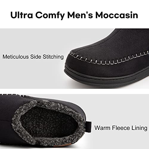 Longbay Men's Moccasin Slippers Memory Foam Indoor Outdoor Loafers Warm House Shoes With Fuzzy Sherpa Lining (Medium / 9-10, Black) #TOP2