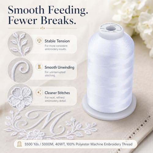 Image of Simthread Embroidery Machine Thread 5000M 40WT Polyester, White 001 | 5000M 40WT polyester thread feeds smoothly for home or commercial embroidery projects.