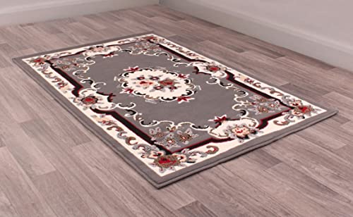 Image of Lord of Rugs Traditional Poly Sandringham Aubusson Floral Pattern Rug Medium Carpet 100x150cm (3'3''x4'11'') Grey