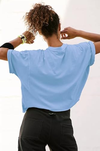 Image of HUGOOME Womens Oversized Workout Crop Top Casual Short Sleeve Boxy Roll Hem | Basic Half Split Sleeve Drop Shoulder Loose Yoga Running Gym Tee Cropped T-shirt Solid Trendy Relaxed Daily Tee