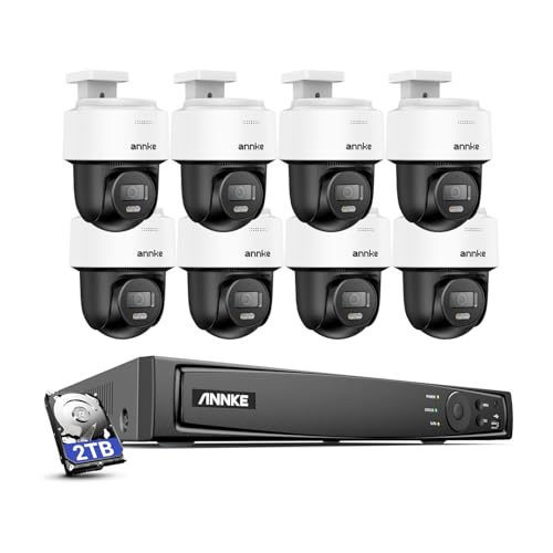 ANNKE 3K Security PoE NVR CCTV Camera System, 16 Channel 12MP H.265+ NVR with 2TB HDD, 8x 5MP Bullet-PTZ Cam with 345° Pan 80°Tilt, Two Way Talk, Colour Night Vision, AI Human Detection,24/7 Recording