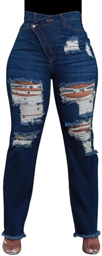 HugeNice Straight Leg Jeans for Women High Waisted Stretchy Ripped Jeans Trendy Raw Hem Destroyed Y2k Denim Pants(93Dark Blue,Medium)
