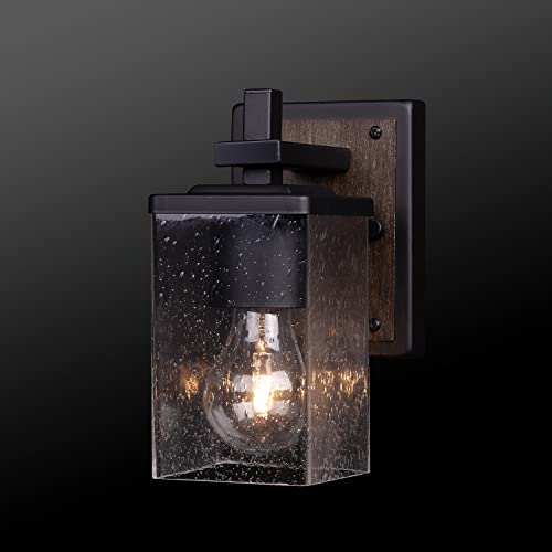 Image of Globe Electric 51675 Dakota 1-Light Vanity Light, Matte Black, Dark Faux Wood Accents, Clear Seeded Glass Shade