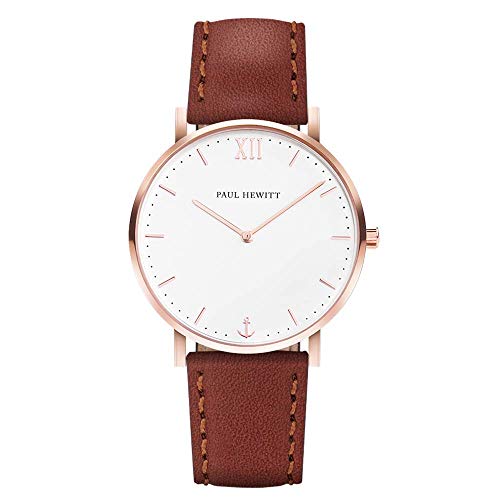 Image of PAUL HEWITT Sailor Line White Sand - Rose Gold Stainless Steel Watch for Women with Brown Leather Bracelet, White Dial