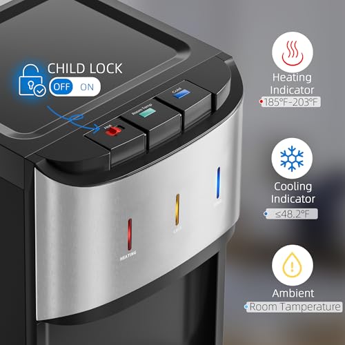 Image of Manastin Bottom Loading Water Cooler Dispenser for 3-5 Gallon Bottles, 3 Temperature - Hot, Cold & Room Water with Child Lock, Ideal Design for Home & Office, Satin Silver