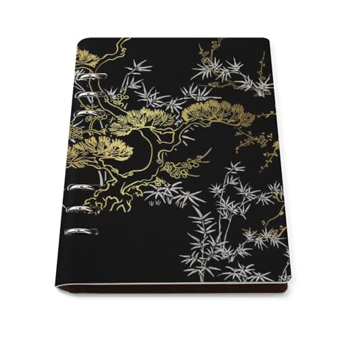 システム手帳 和風 松 ブラック 黒色 金色 ノート リングノートメモ帳 ノートブック A5サイズ手帳 バインダーリング 日記 ライティング ハンドブック PUレザー 6穴 ルーズリーフ 人気 90枚収容 差し替え可 贈り物