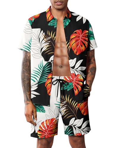 LecGee Men's Hawaiian Shorts set Tropical Funky Floral Beach co ords Short sleeve twin set Aloha Tracksuit(Orange,XL)