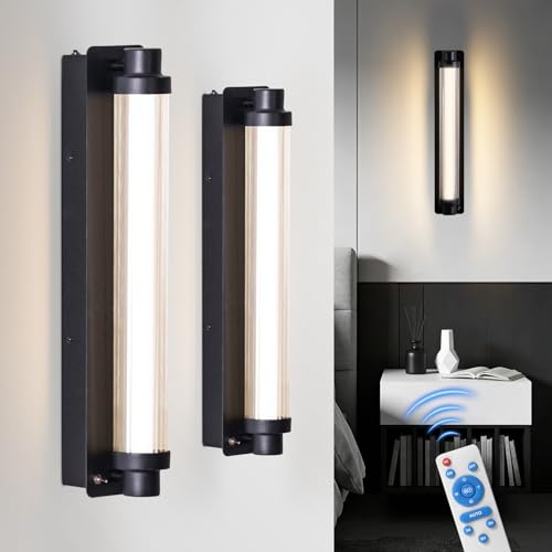 Image of Set of 2 Modern Black Detachable 15000mAh Battery Wall Sconces | 15000mAh detachable long runtime battery,remote dimmable timer,renter-friendly no hardwire light for wall art bedroom hallway
