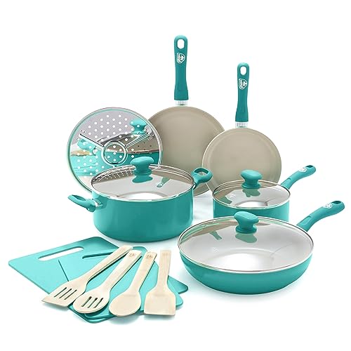 Image of GreenLife Soft Grip Healthy Ceramic Nonstick 15 Piece Kitchen Cookware Pots and Frying Sauce Saute Pans Set, PFAS-Free with Kitchen Utensils and Lid, Dishwasher Safe, Turquoise