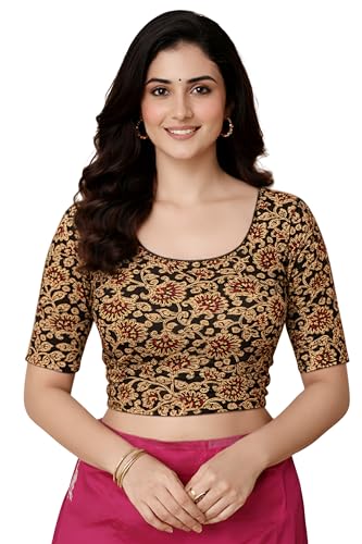 Image of Amazon Brand - Anarva Women's Kalamkari Print Cotton Stretchable Round Neck Readymade Saree Blouse