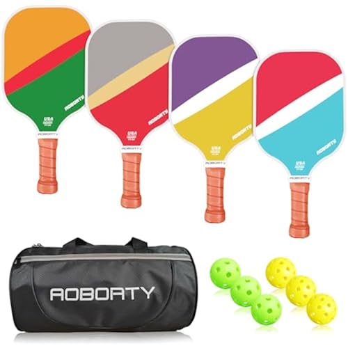 AOBORTY Pickleball Paddles 4 Pack - USAPA Light Graphite Premium Rackets Fiber Face & Polymer Honeycomb Core Pickleball Set with 4 Outdoor Indoor Balls Including Portable Carry Bag