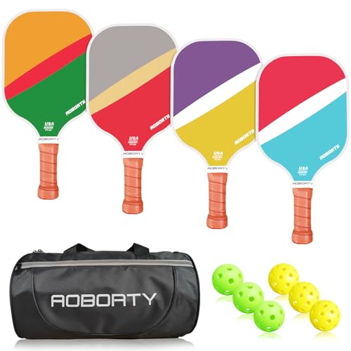 AOBORTY Pickleball Paddles 4 Pack - Light Graphite Premium Rackets Fiber Face Pickleball Set with 6 Outdoor Indoor Balls Including Portable Carry Bag, 2 Pickleball Ball Retriever Picker Upper by AOBORTY - Used condition - CA$57.05